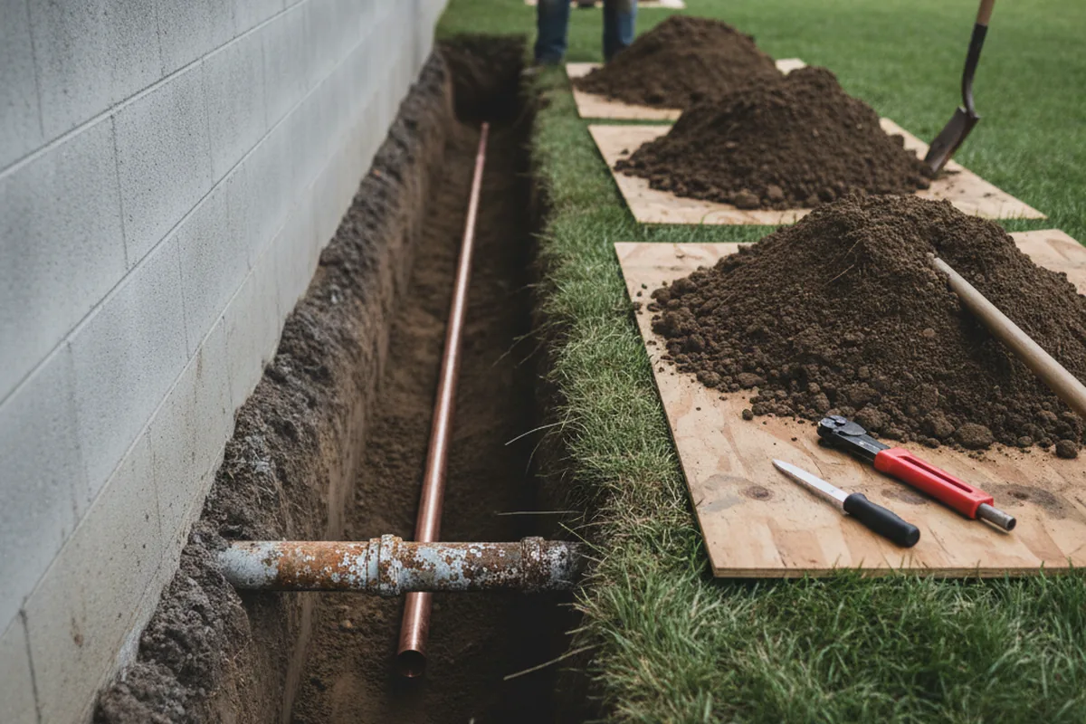 Excavated water line trench during Water Softener Installation in Mableton